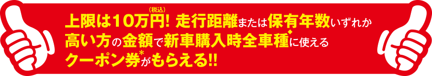 上限は10万円、走行距離または保有年数いずれかのクーポン券がもらえる