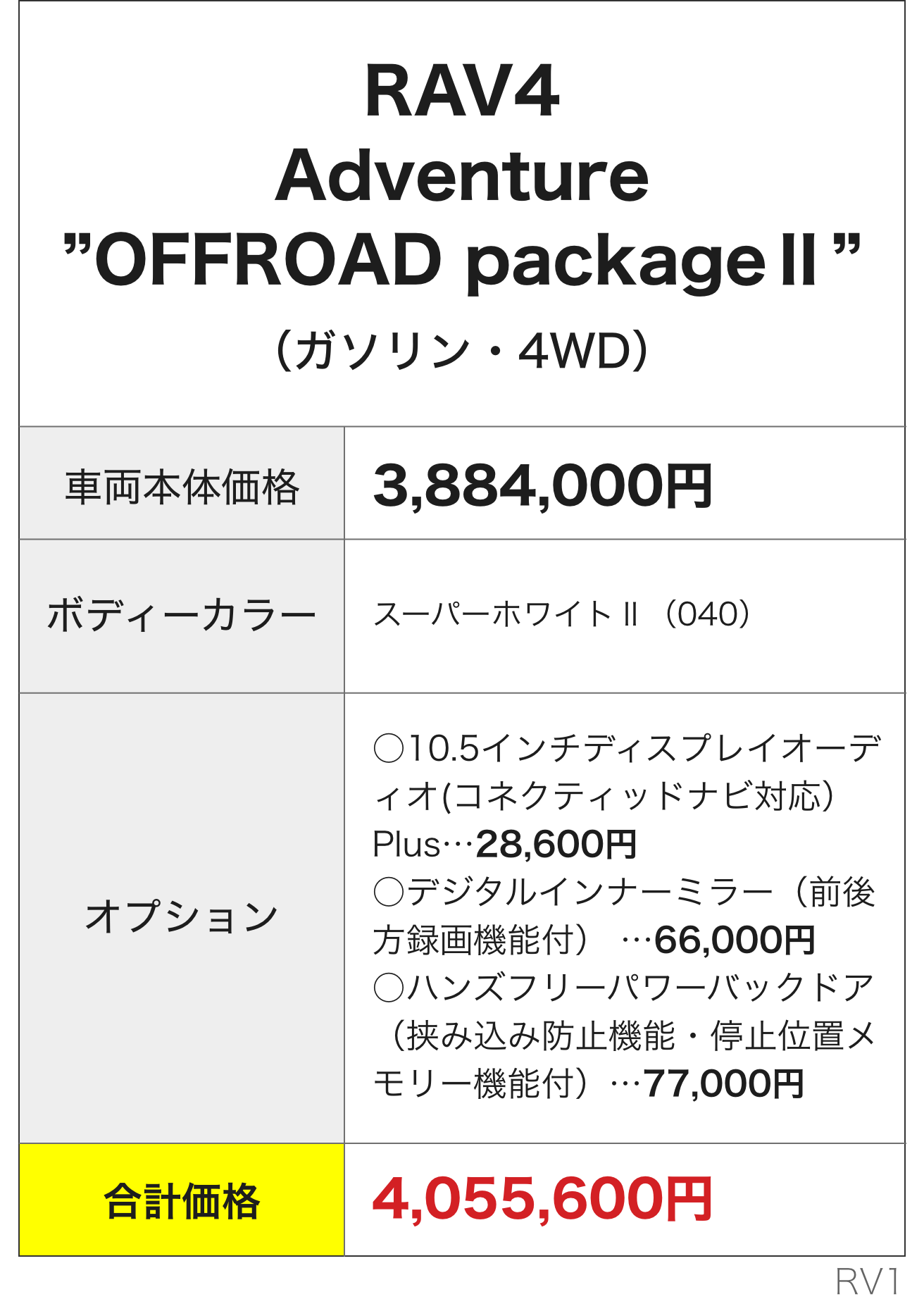 RAV4 Adventure OFFROAD packageⅡ 合計価格4,055,600円