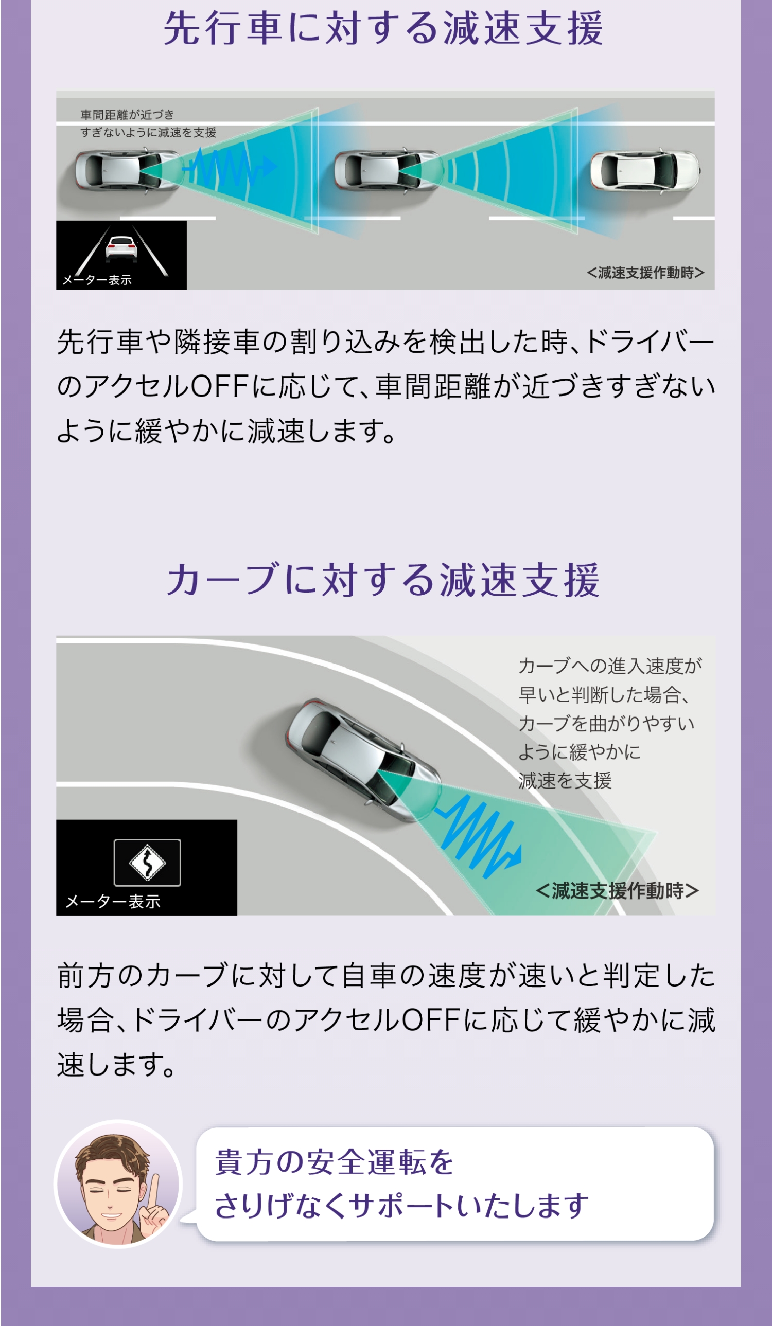 先行車に対する減速支援 カーブに対する減速支援