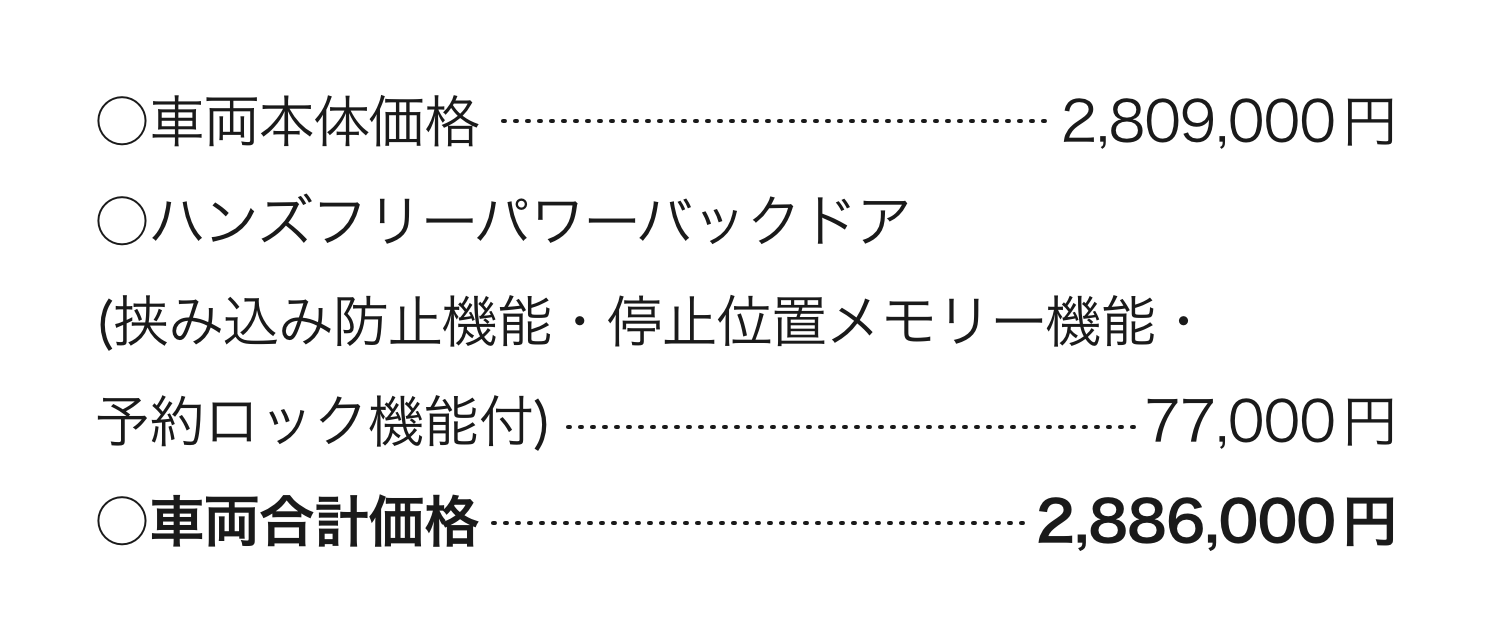 ○車両本体価格2,809,000円 ○ハンズフリーパワーバックドア(挟み込み防止機能・停止位置メモリー機能・予約ロック機能付)	77,000円 ○車両合計価格	2,886,000円